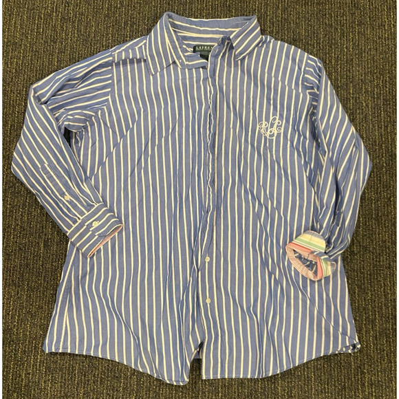 Lauren Ralph Lauren M Blue White Striped broad cloth blue embroidered button up - Picture 1 of 6